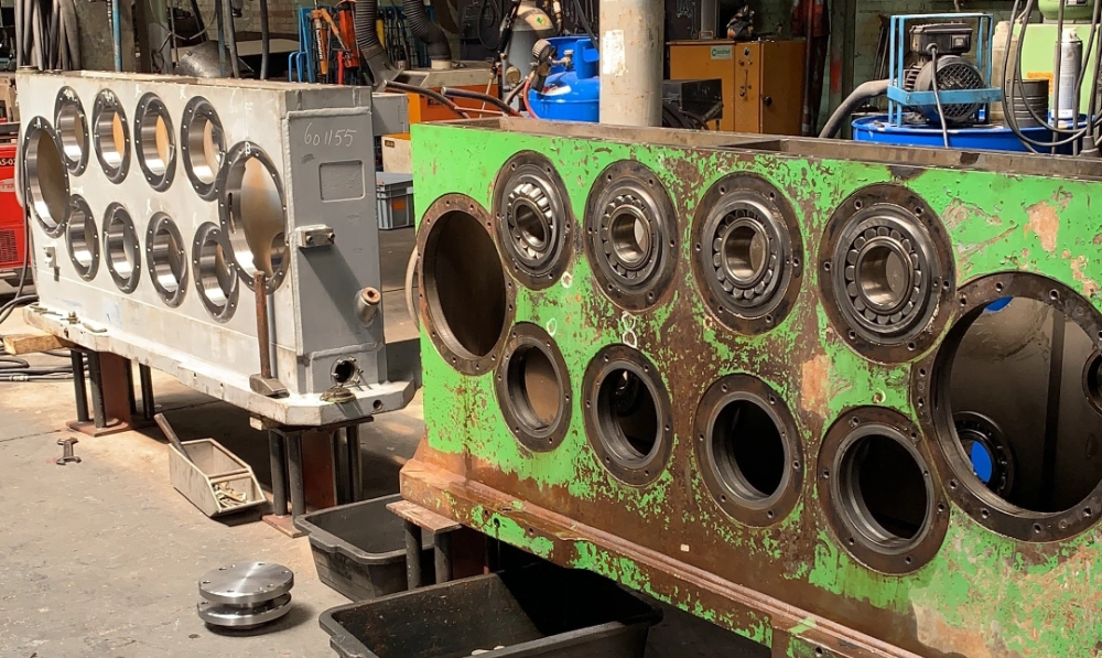 Image of vibratory pile hammers under maintenance.